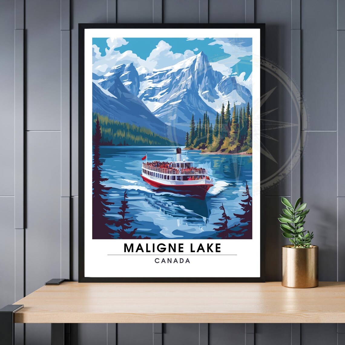 Maligne Lake Canada Travel Poster Tour Boat Snowy Mountain Peaks Art