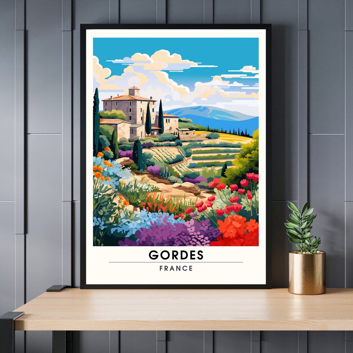 Gordes France Provence Stone Village Wildflowers Travel Poster