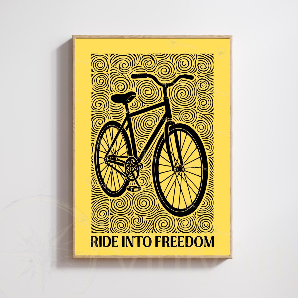 Ride Into Freedom Yellow Bicycle Linocut Inspirational Cycling Poster