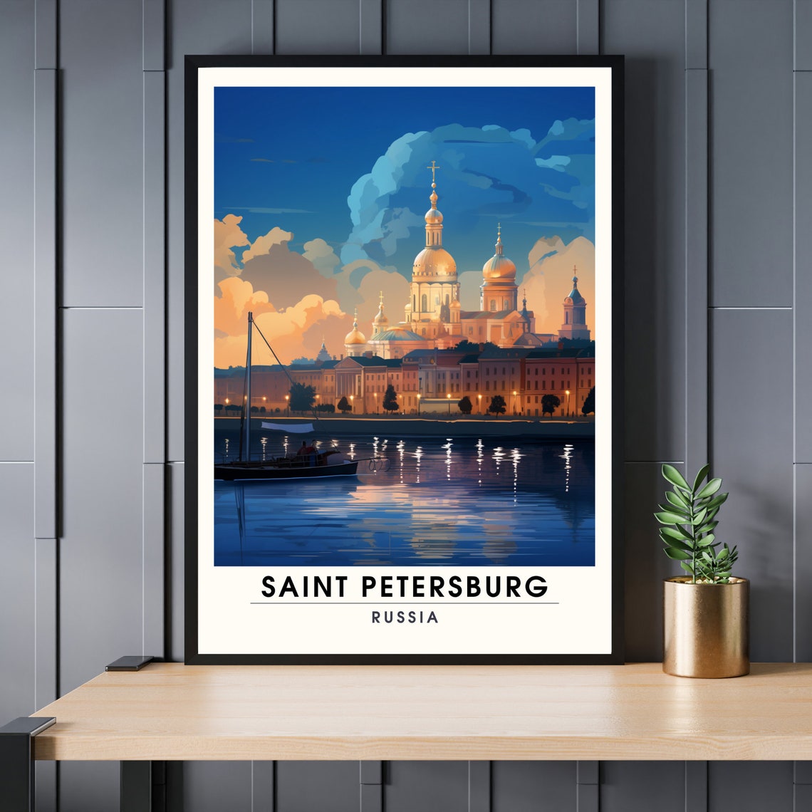 Saint Petersburg Russia Golden Dome Cathedral Night River Poster