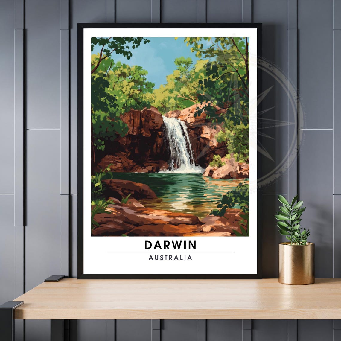 Darwin Australia Waterfall Red Rock Pool Illustrated Travel Poster