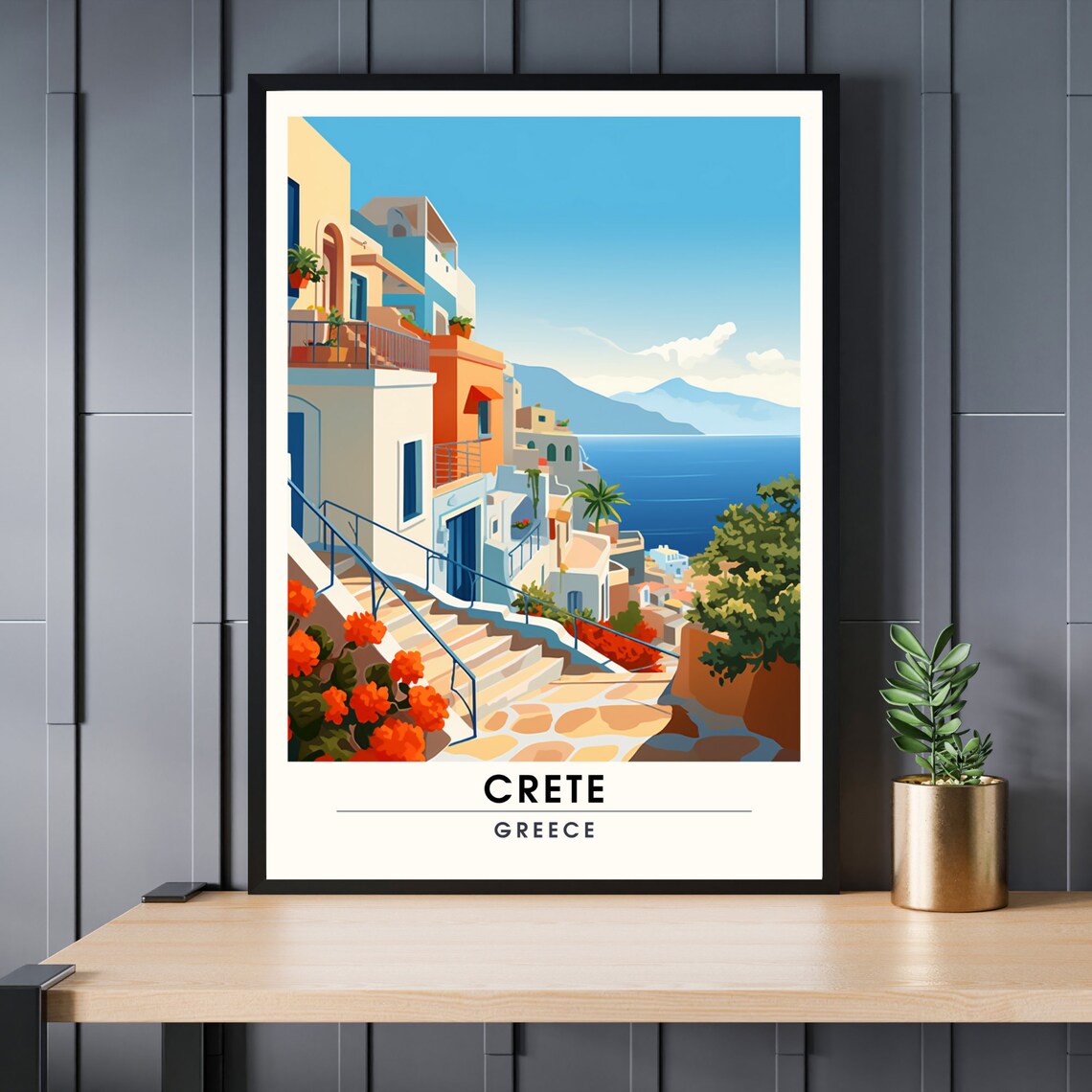 Crete Greece Santorini Style White Village Seaside Travel Poster