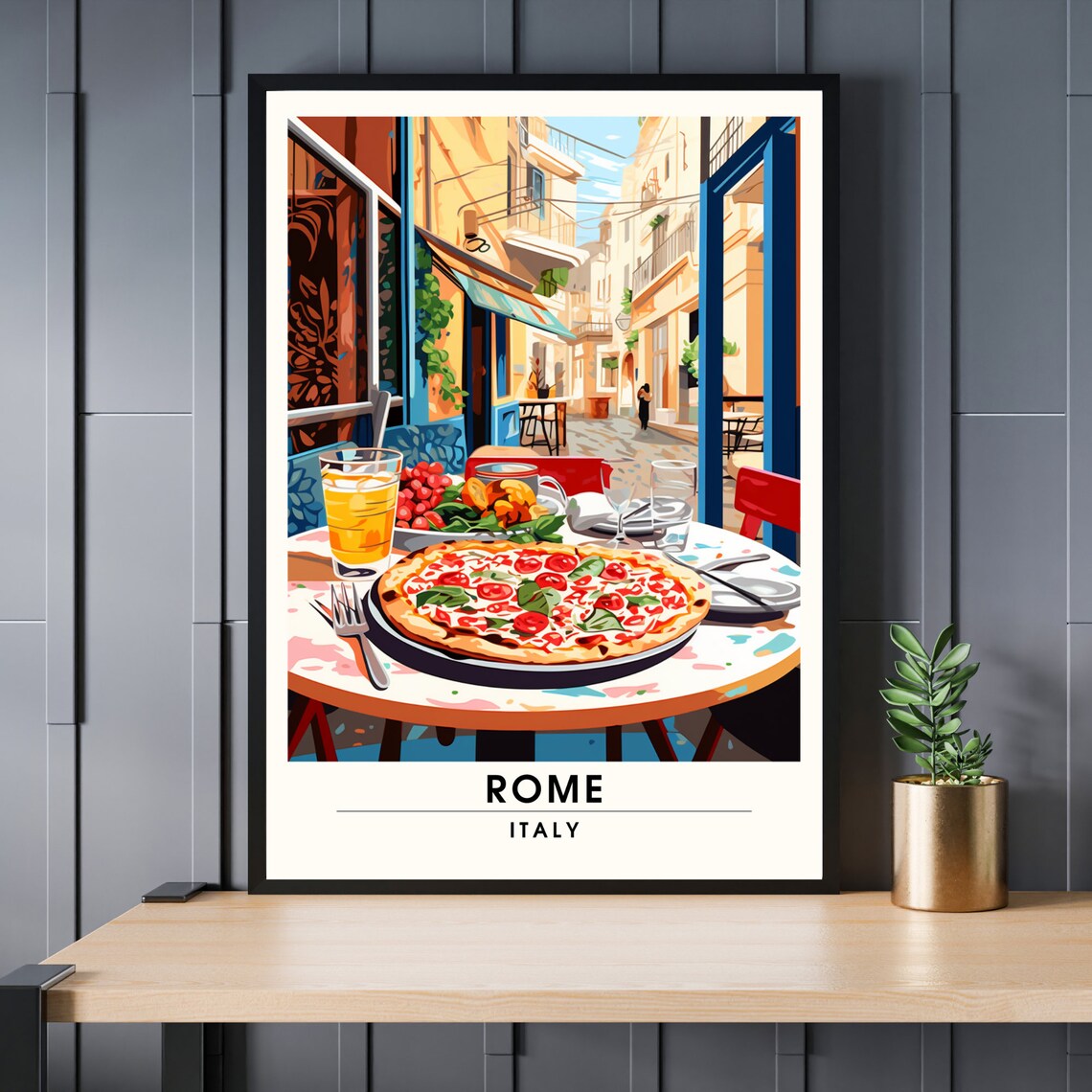 Rome Italy Outdoor Cafe Pizza Table Charming Street Scene Poster