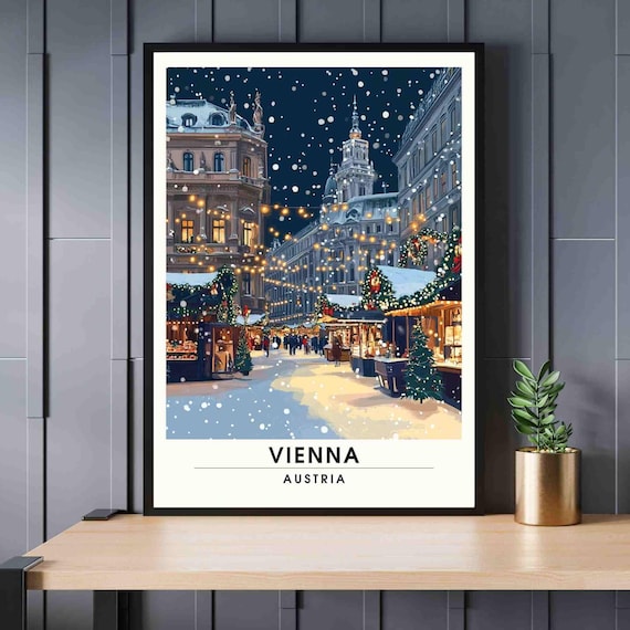 Vienna Austria Snowy Christmas Market Night Lights Travel Poster