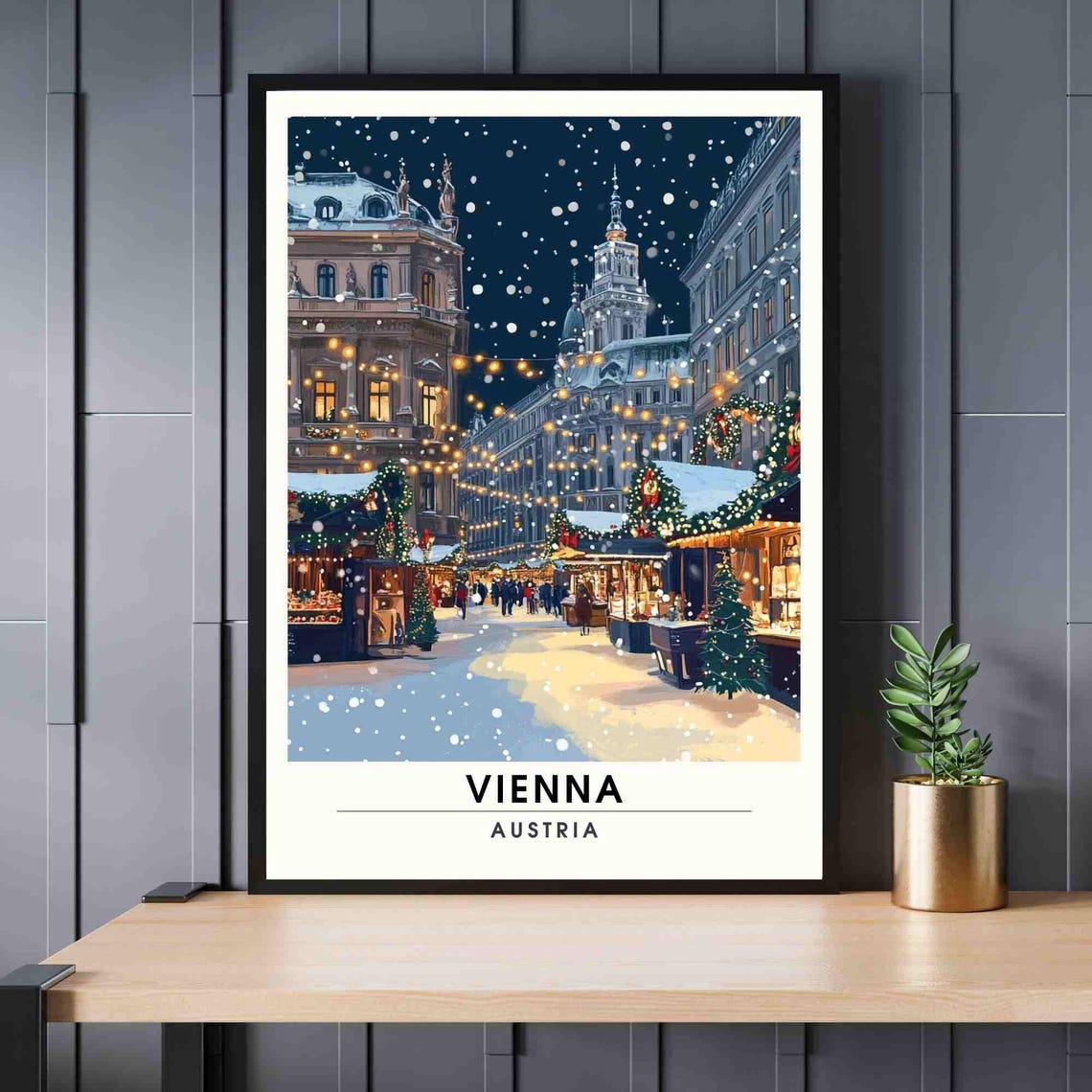 Vienna Austria Snowy Christmas Market Night Lights Travel Poster