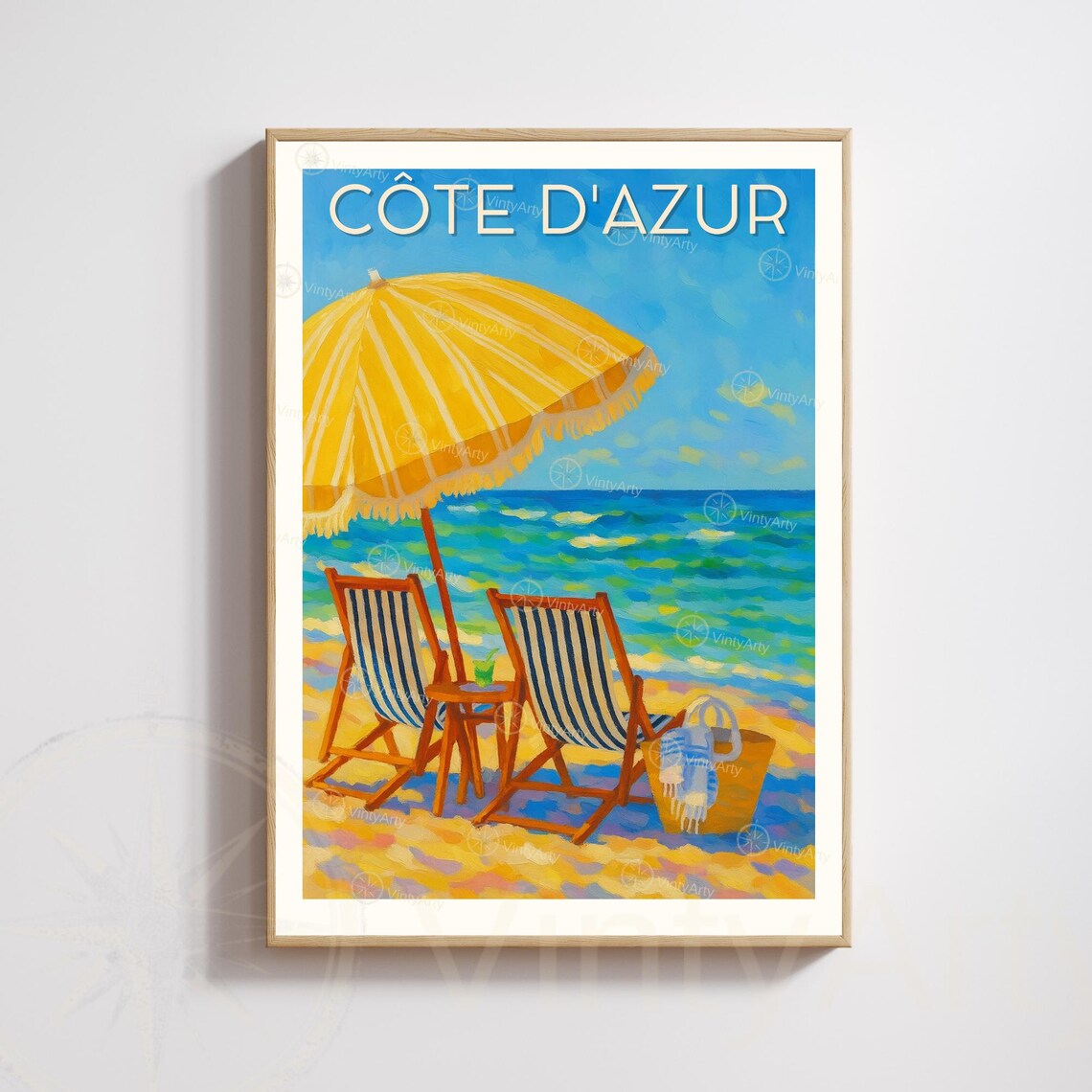 Cote d'Azur French Riviera Beach Chairs Umbrella Summer Travel Poster