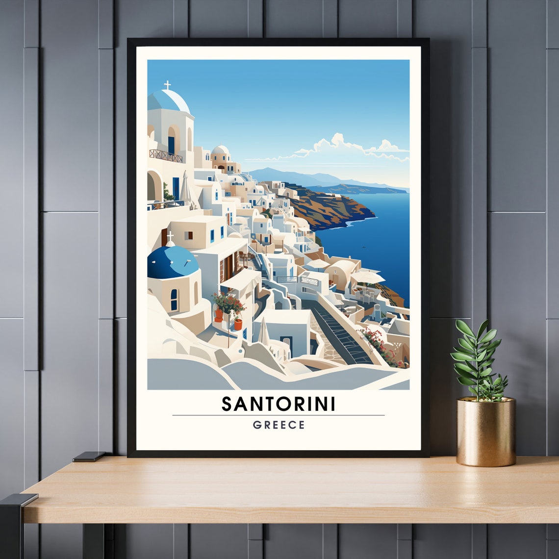Santorini Greece Whitewashed Village Blue Domes Travel Poster