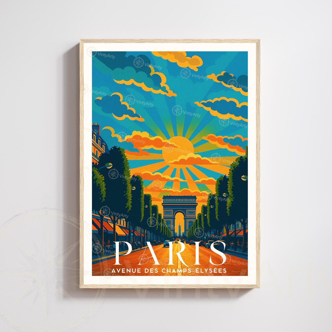 Paris France Champs Elysees Arc de Triomphe Sunburst Travel Poster