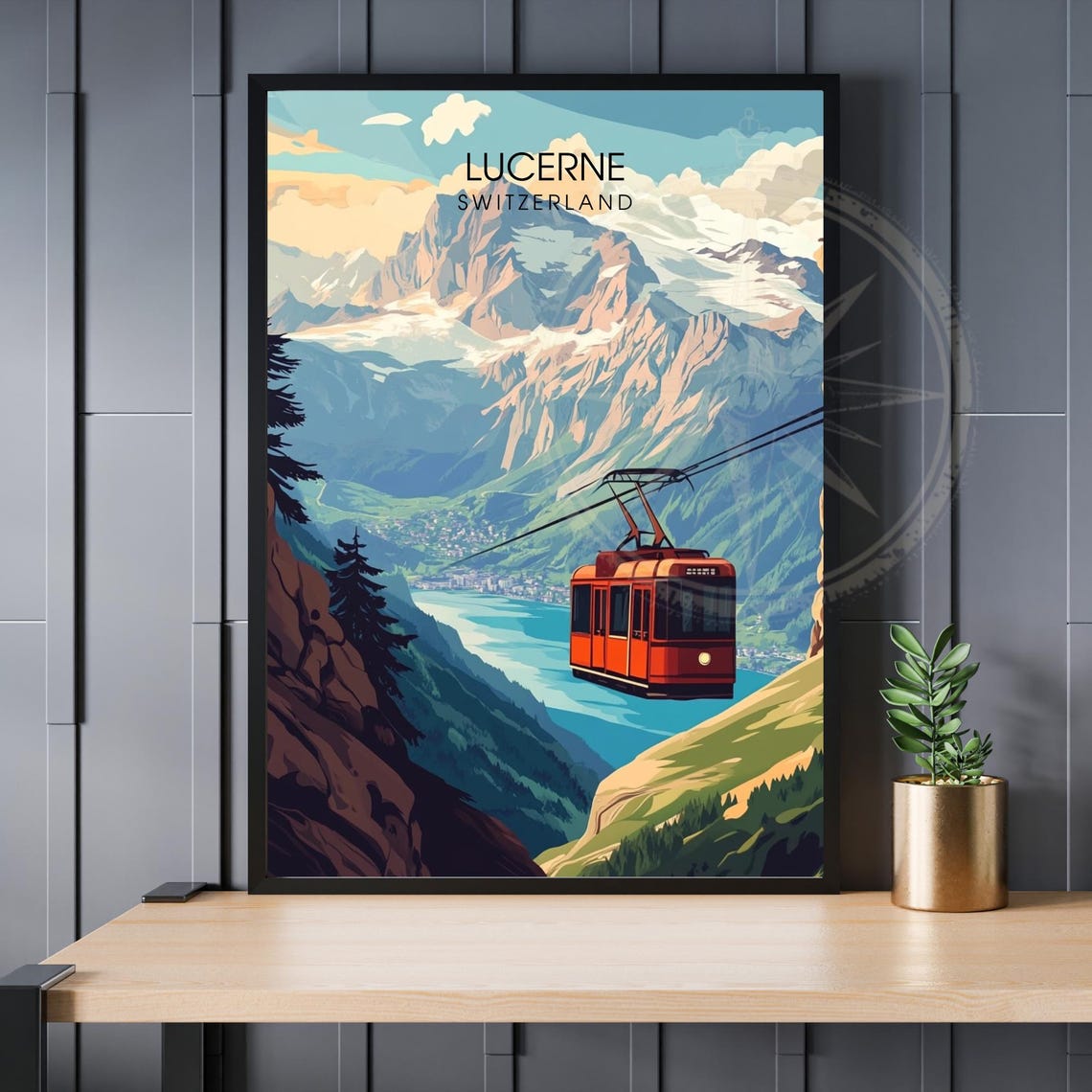 Lucerne Switzerland Cable Car Alpine Lake Vintage Travel Poster