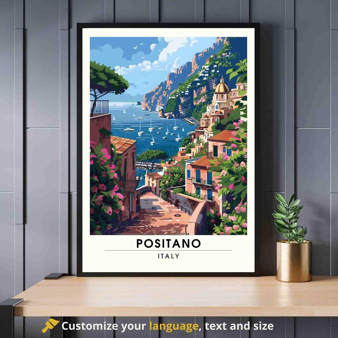 Positano Italy Seaside Stairway Bougainvillea Harbor Travel Poster