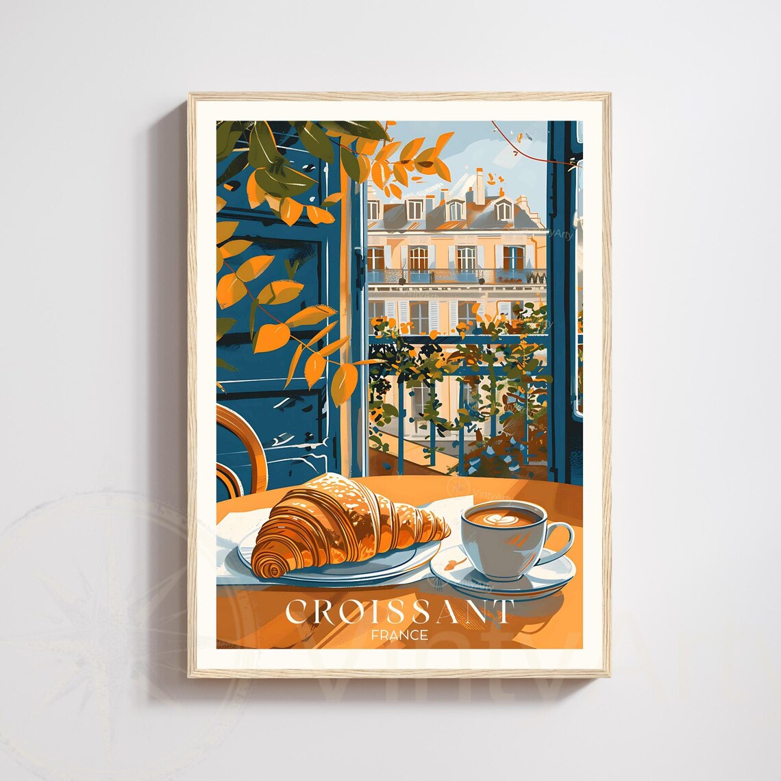 Croissant France Parisian Cafe Window Morning Coffee Art Poster