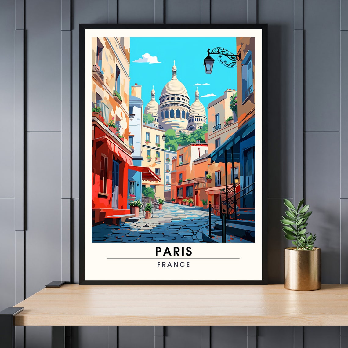 Paris Montmartre Sacre Coeur Cobblestone Street Vintage Travel Poster