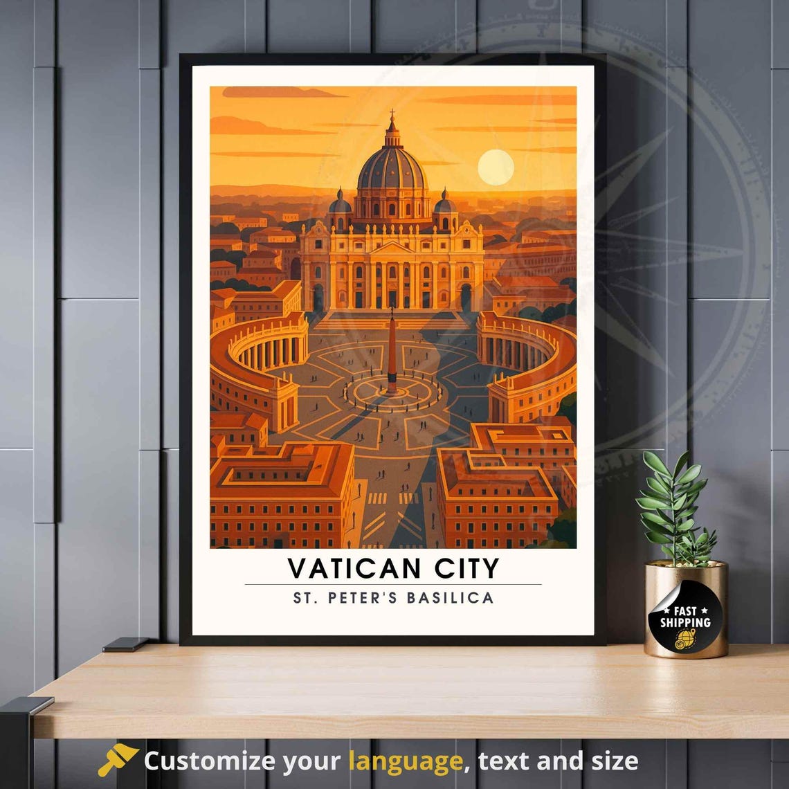 Vatican City St Peters Basilica Sunset Piazza Colonnade Travel Poster