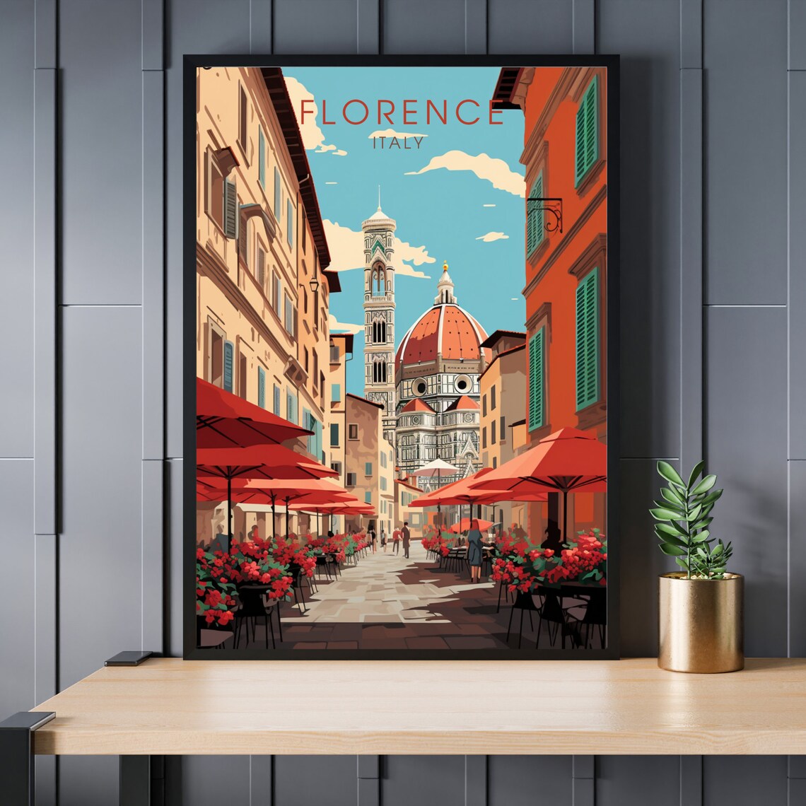 Florence Duomo Cathedral Cafe Street Italy Vintage Travel Poster