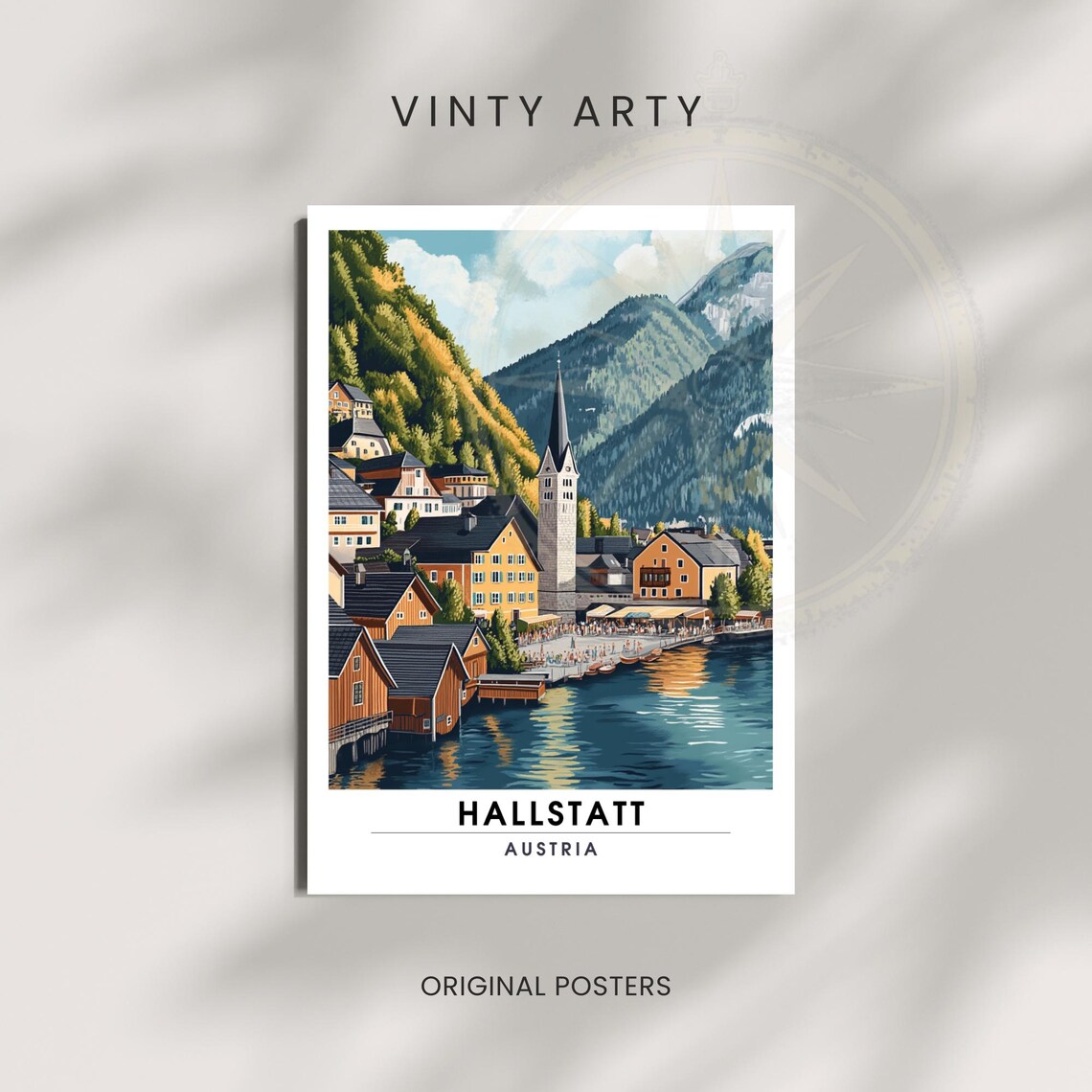 Hallstatt Austria Lakeside Village Church Spire Mountain Travel Poster