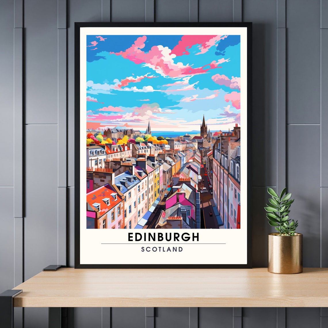 Edinburgh Scotland Colorful Street Rooftops Illustration Poster