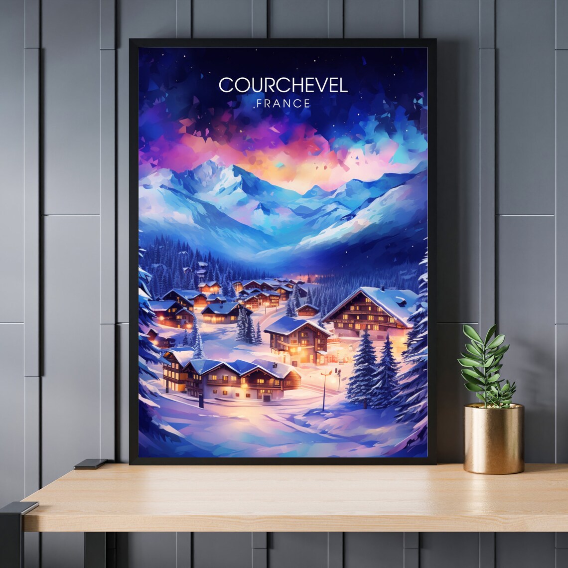 Courchevel France Starry Night Ski Village Vintage Travel Poster