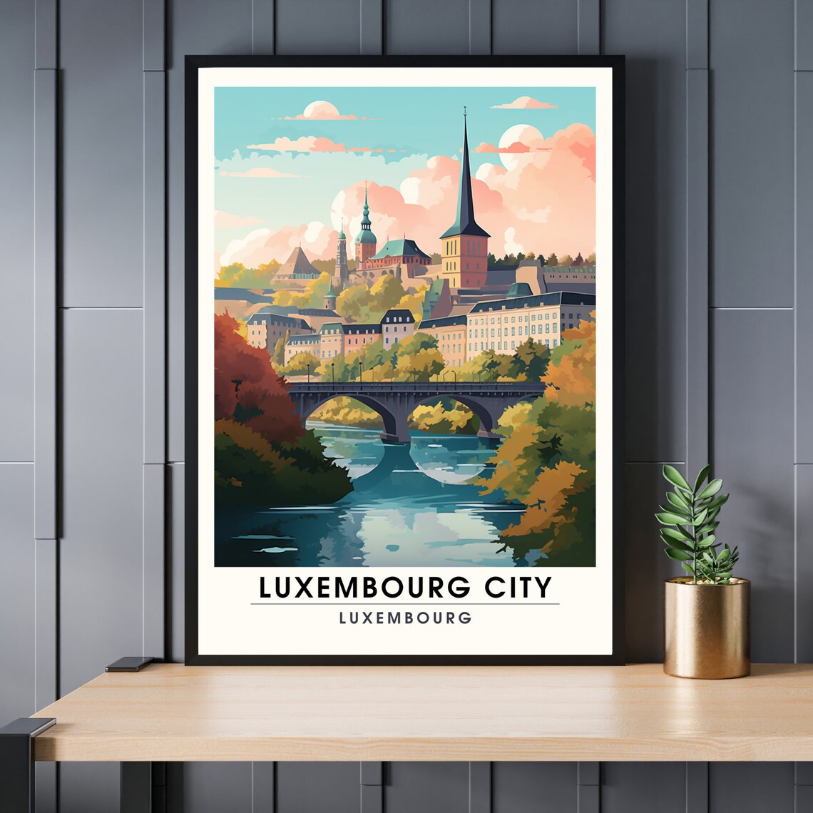 Luxembourg City Travel Poster Church Spires Bridge River Autumn Scene