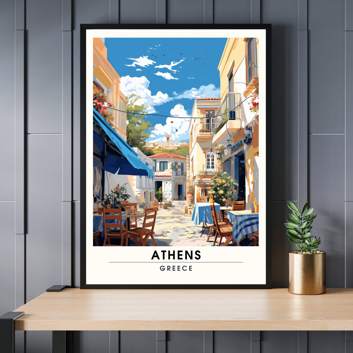 Athens Greece Plaka Alley Taverna Tables Sunny Street Poster