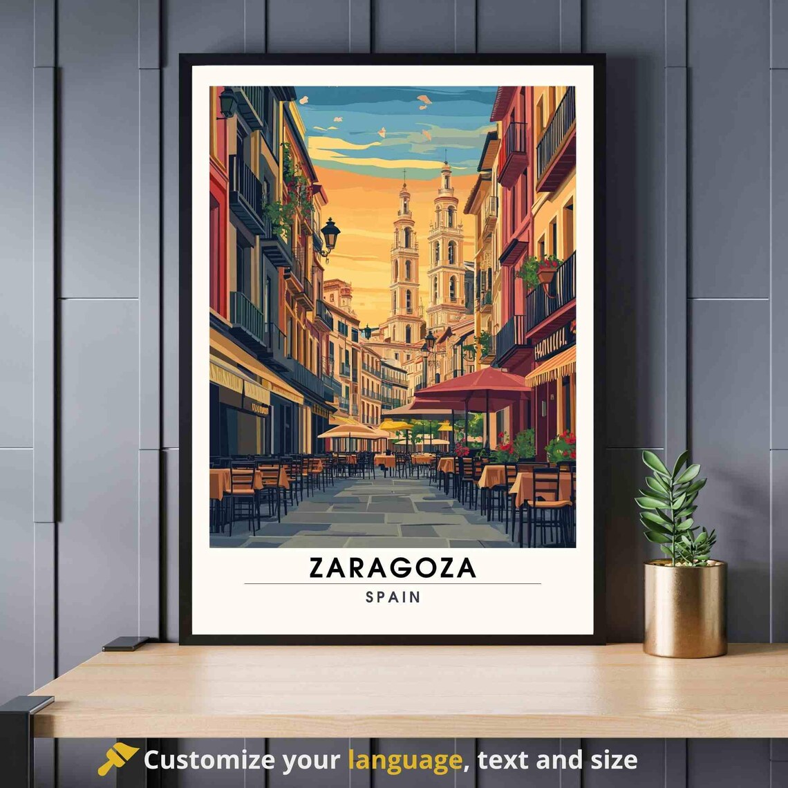 Zaragoza Spain Old Town Street Cafes Sunset Plaza Travel Poster