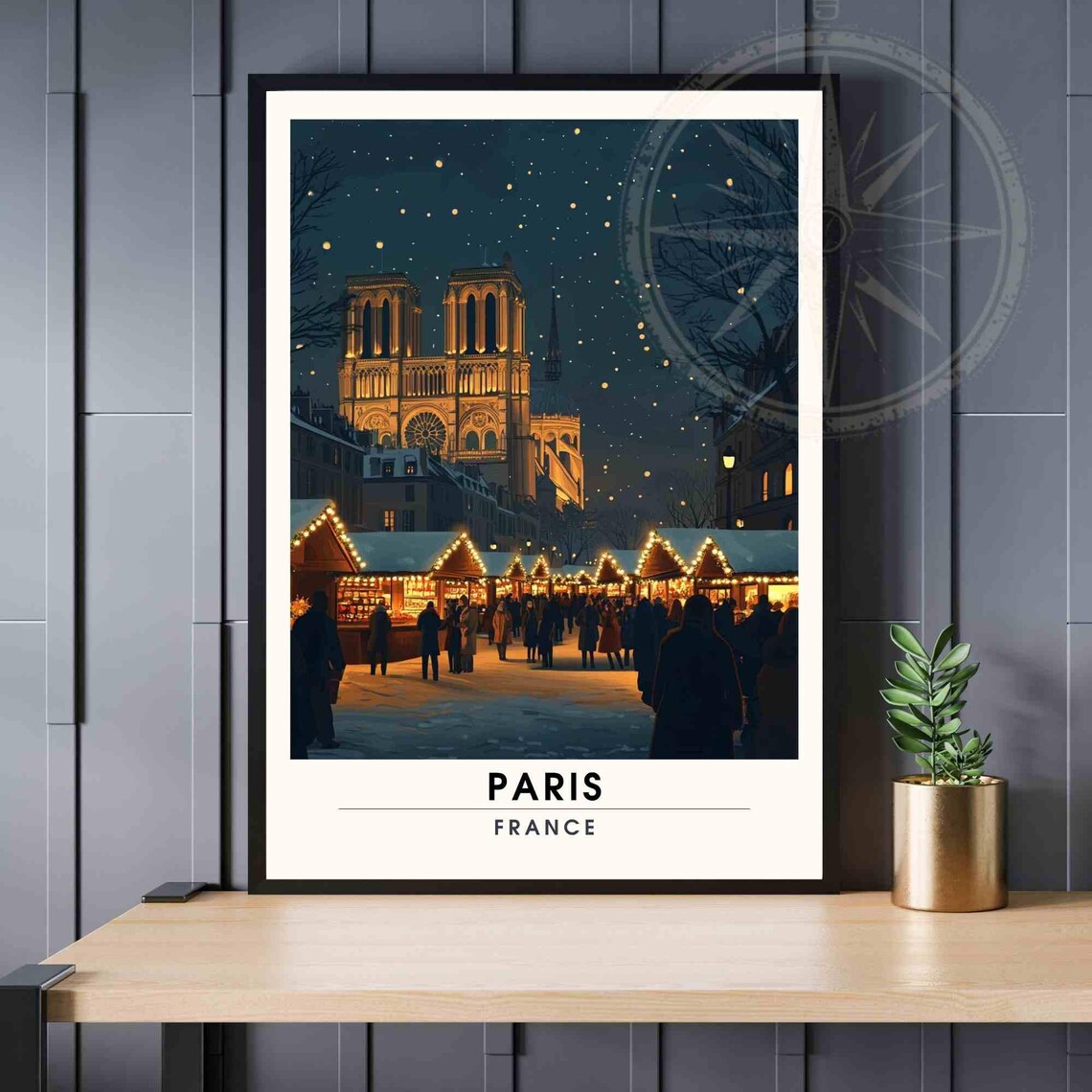 Christmas Paris Notre-Dame Night Market Lights Festive Travel Poster