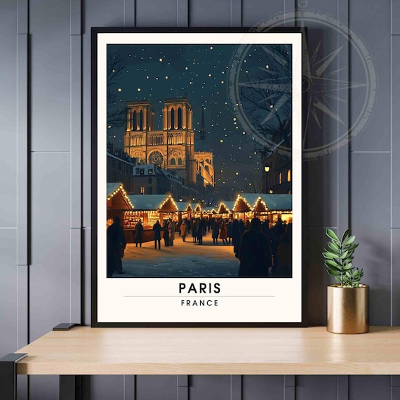 Christmas Paris Notre-Dame Night Market Lights Festive Travel Poster
