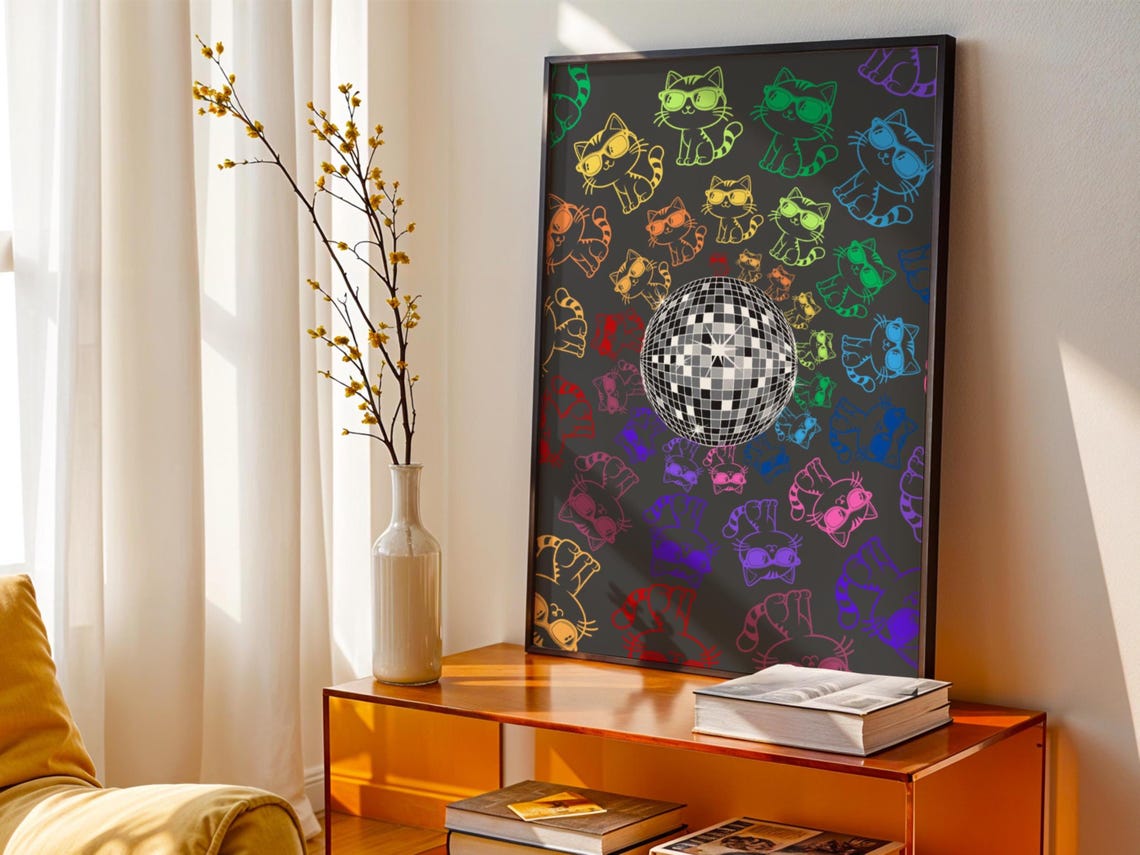 Disco Ball With Rainbow Cats, Dancing Kittens Art Print