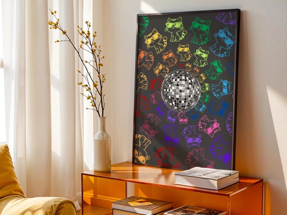 Disco Ball With Rainbow Cats, Dancing Kittens Art Print