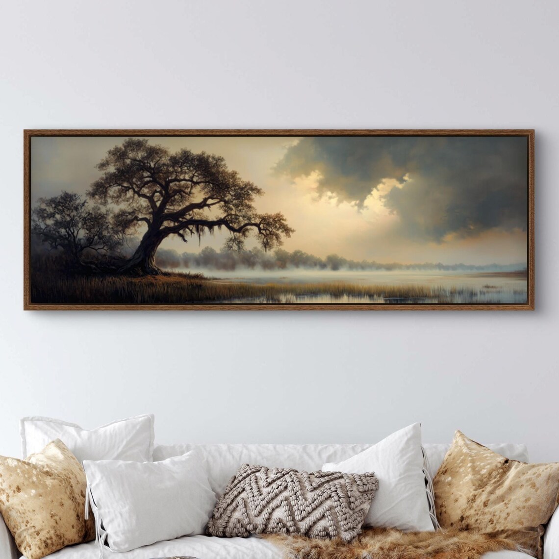 Majestic Oak Tree Misty Lakeside Dawn Golden Light Moody Nature Print - Image 3