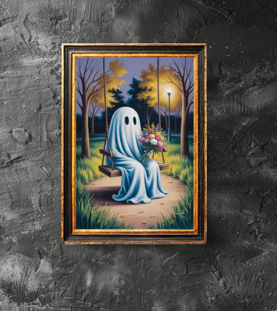 Cute Ghost On A Swing Holding Flowers In Autumn Park Art Print