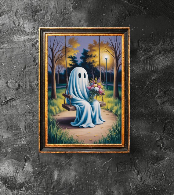 On The Swing Cute Poster Ghosts In Forest Wall Art Spooky Home Decor Halloween Vintage