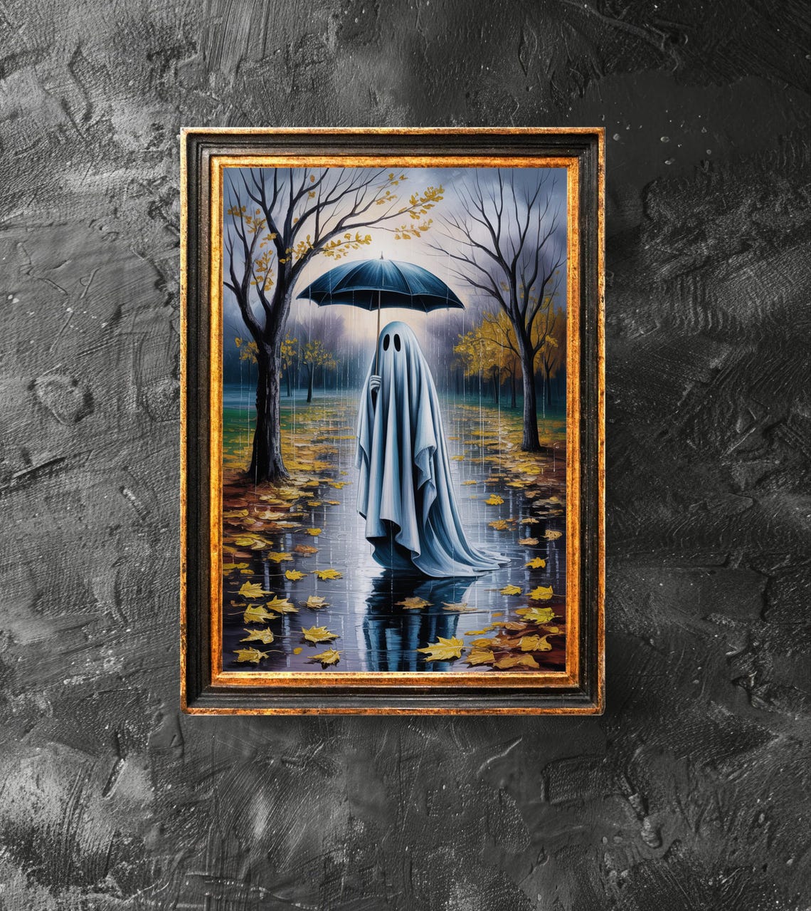 Cute Ghost With Umbrella Rainy Autumn Park Spooky Halloween Poster