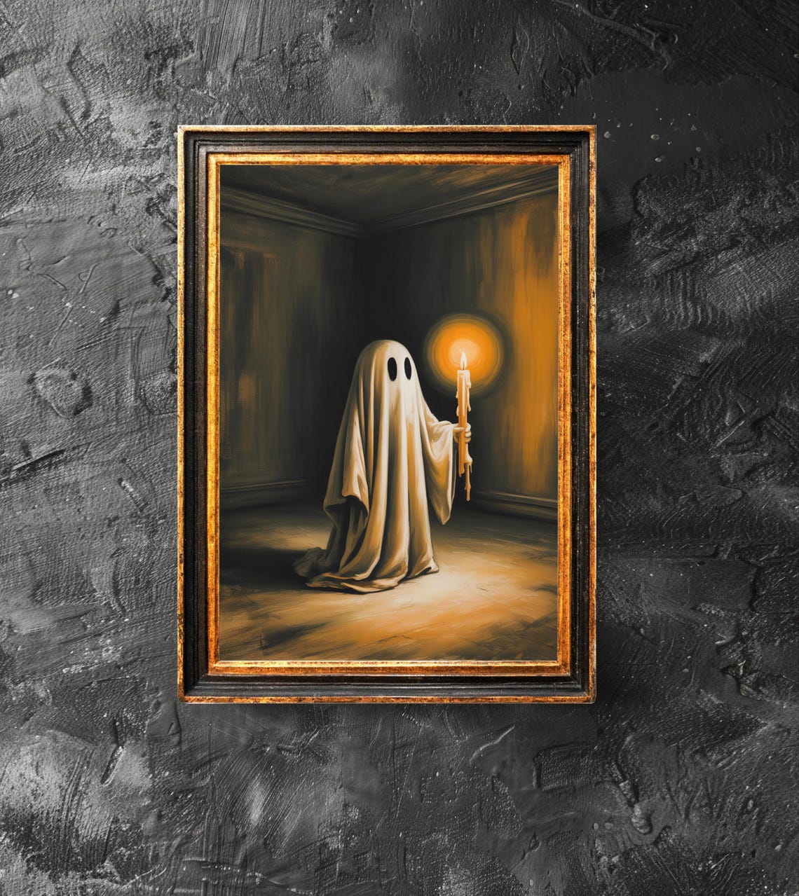 Cute Ghost Holding Candle in Dark Room Spooky Halloween Art Poster
