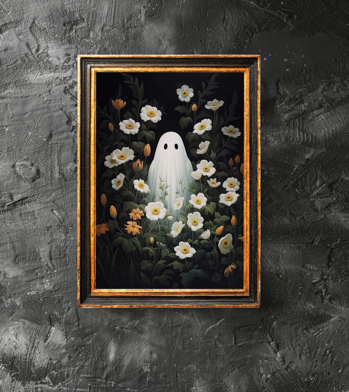 Cute Ghost Among White Daisies Dark Floral Spooky Halloween Poster