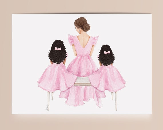 Mother And Two Daughters Illustration Mommy And Me Print Mother And Daughters Print Fashion Illustration