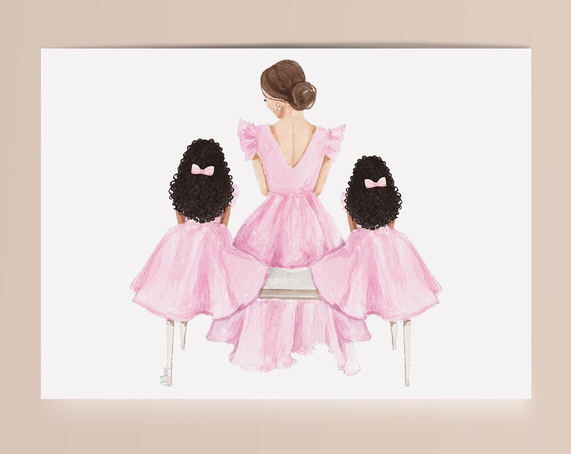 Mommy and Me Mother Two Daughters Pink Dresses Portrait Poster