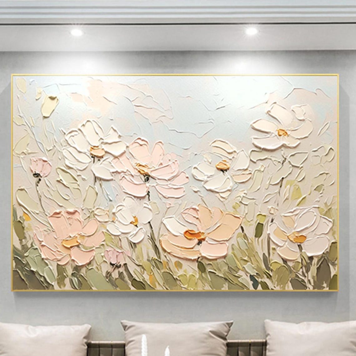 White Peach Blossom Light Sage 3D Textured Floral Painting Poster
