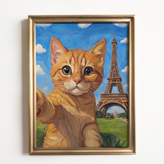 Kitten Eiffel Tower Selfie Art Print, Cute Dorm Decor