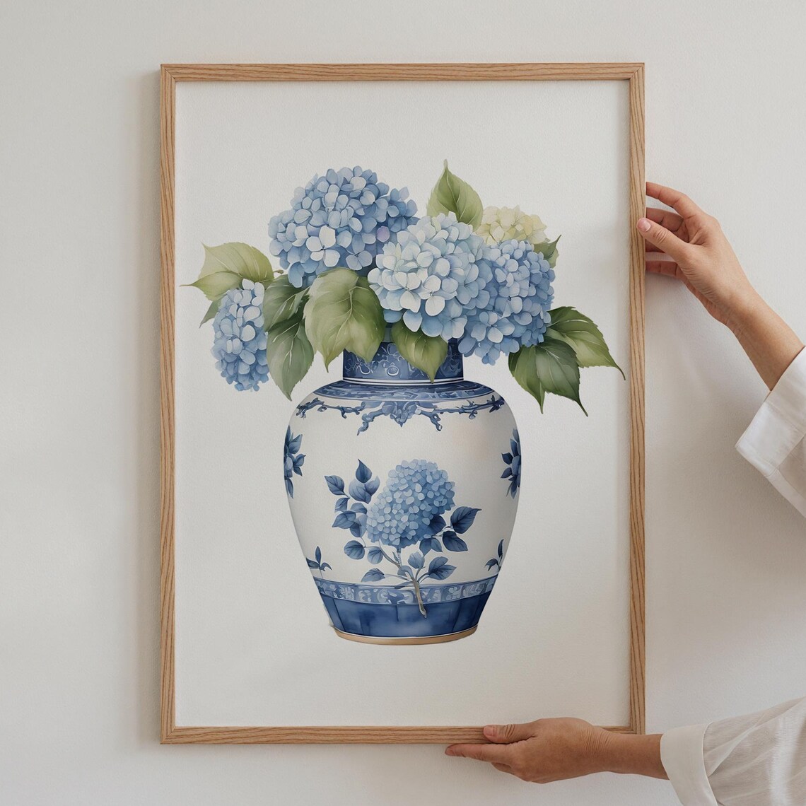 Blue Hydrangea Bouquet In Chinoiserie Vase Watercolor Floral Poster