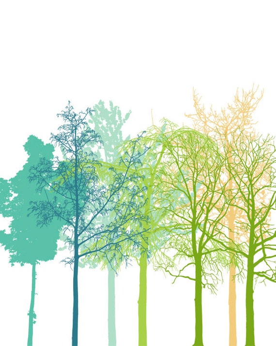 Trees Print Modern Forest Art Lime Green Blue Teal Mustard Instant Home Decor Art Modern Green Artwork Wood White Poster