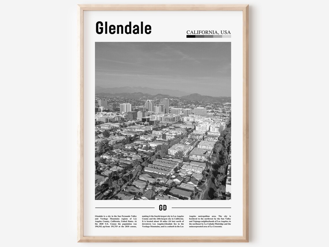 Glendale California Black And White Aerial City Travel Poster