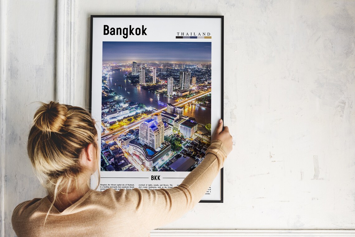 Bangkok Thailand Night Skyline Photo City River Lights Travel Poster - Image 2