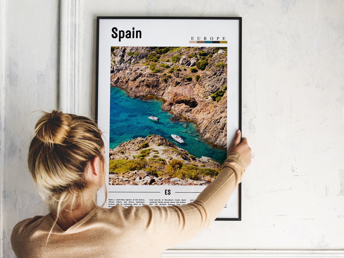 Spain Europe Rocky Turquoise Cove Boats Minimalist Travel Poster - Image 2