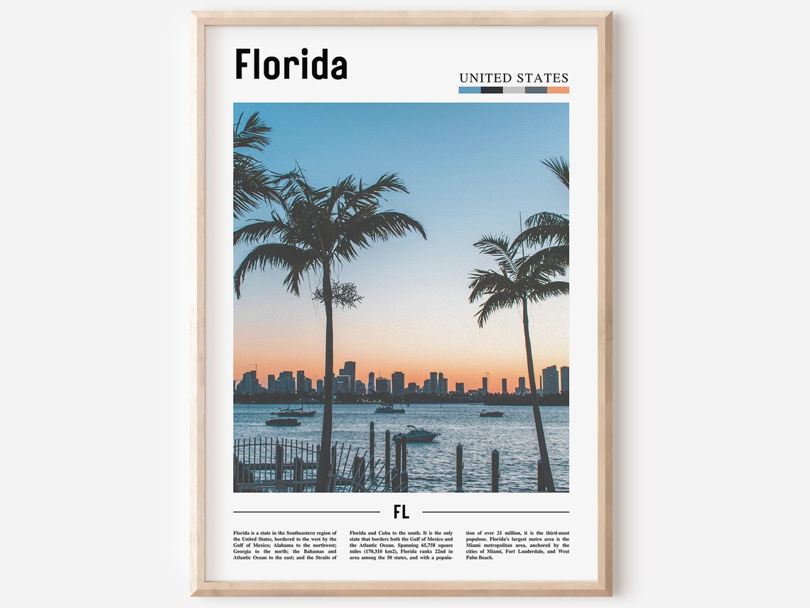 Florida Miami Skyline Sunset Palm Trees Waterfront City View Travel Poster