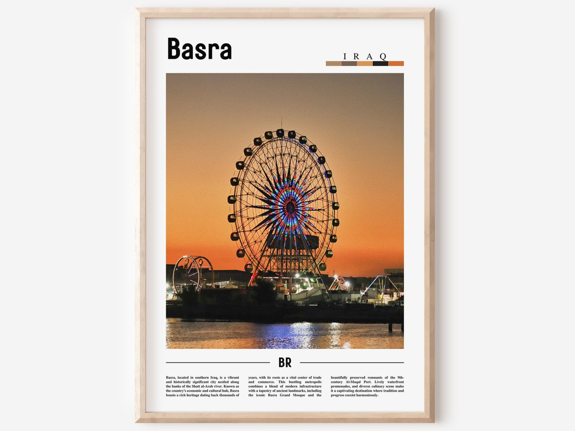 Basra Iraq Sunset Ferris Wheel River Night Lights Travel Poster