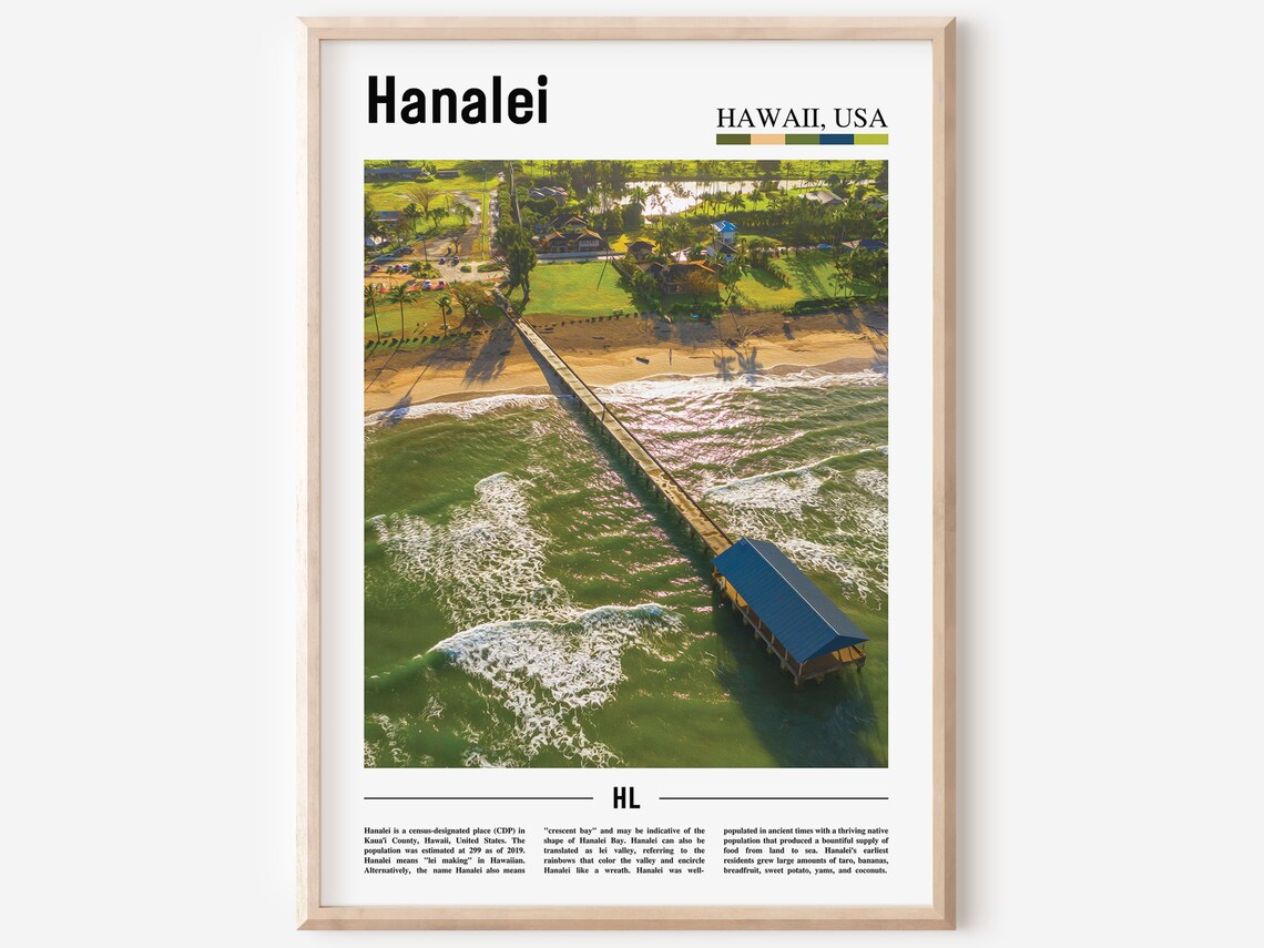 Hanalei Hawaii Aerial Pier Beach Surf Kauai Island Travel Poster