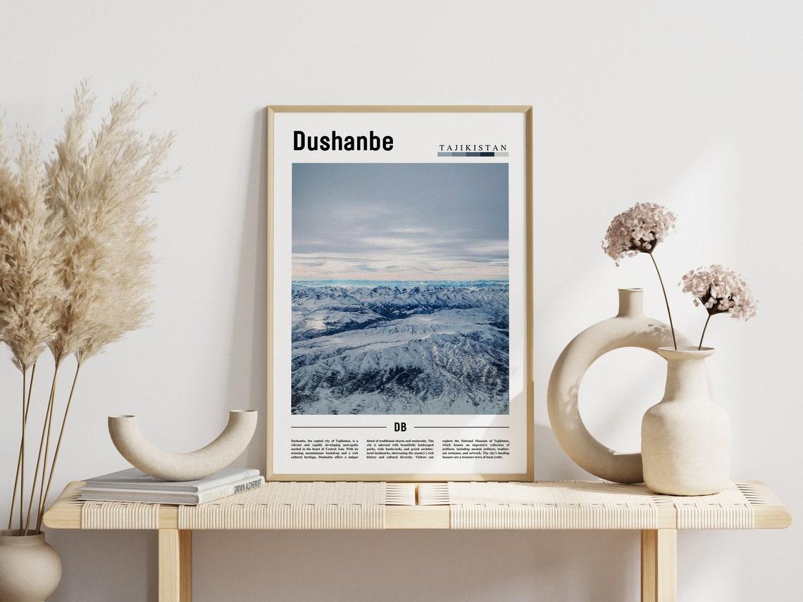 Dushanbe Tajikistan Snowy Mountain Aerial Minimal Travel Poster - Image 3