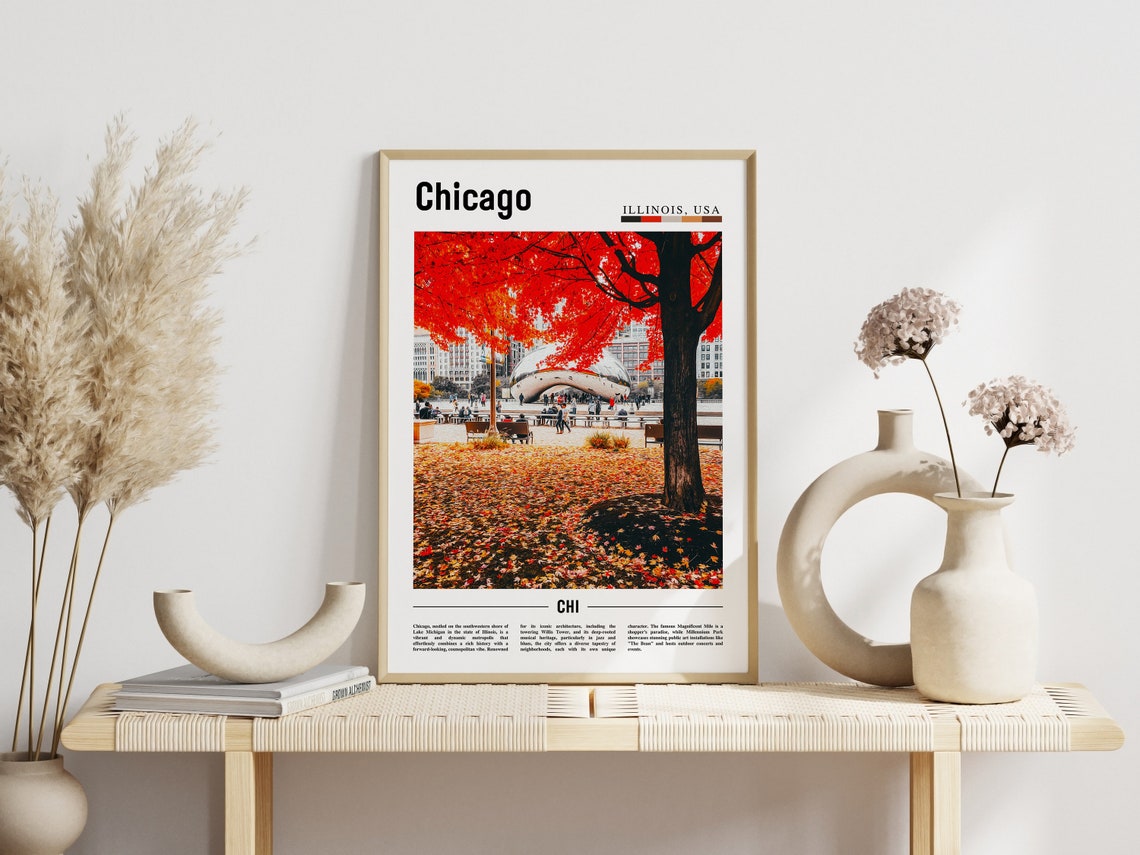 Chicago Illinois Cloud Gate Autumn Red Leaves Millennium Park Poster - Image 3