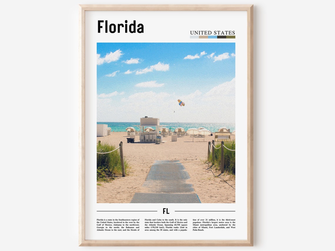 Florida Beach Boardwalk Poster Sunny Shore Umbrellas Parasail Travel