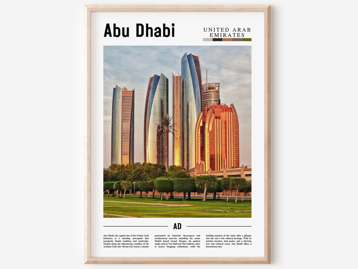 Abu Dhabi UAE Futuristic Skyline Towers Golden Hour Travel Poster
